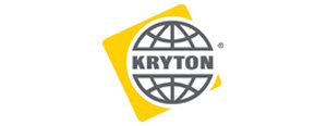 Kryton's logo consists of a yellow diamond behind a gray webbed globe that has the name "Kryton" over top of it.