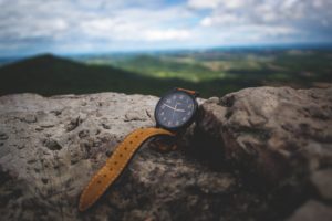 A leather wristwatch lies on some rocks while lush green hills appear from behind.