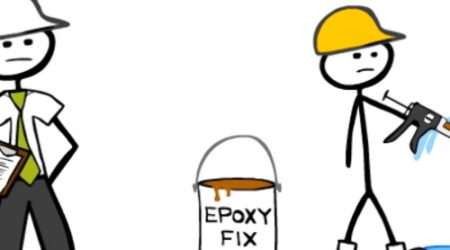 Kryton's cartoon character Stickman is pumping epoxy injections into a concrete crack.
