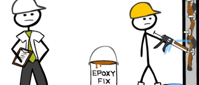 Kryton's cartoon character Stickman is pumping epoxy injections into a concrete crack.