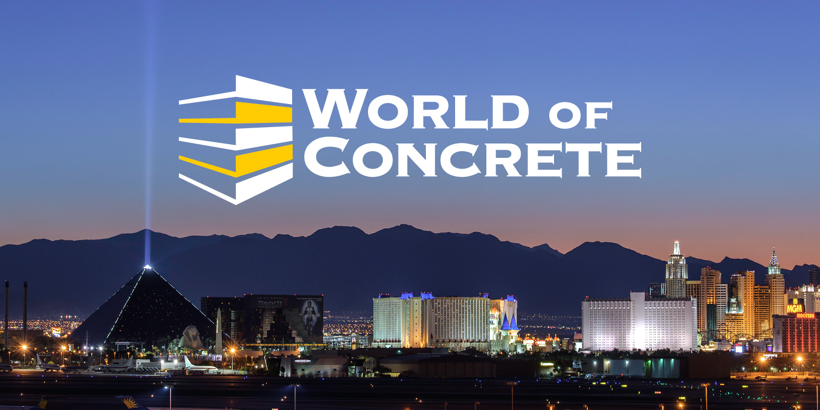 The World of Concrete logo rests against the backdrop of the Las Vegas Convention Center area.
