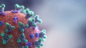 A multi-color COVID-19 virus floats onto screen.