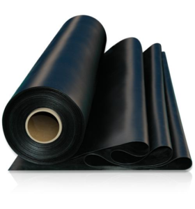 A roll of a black waterproofing membrane is surrounded by white space.