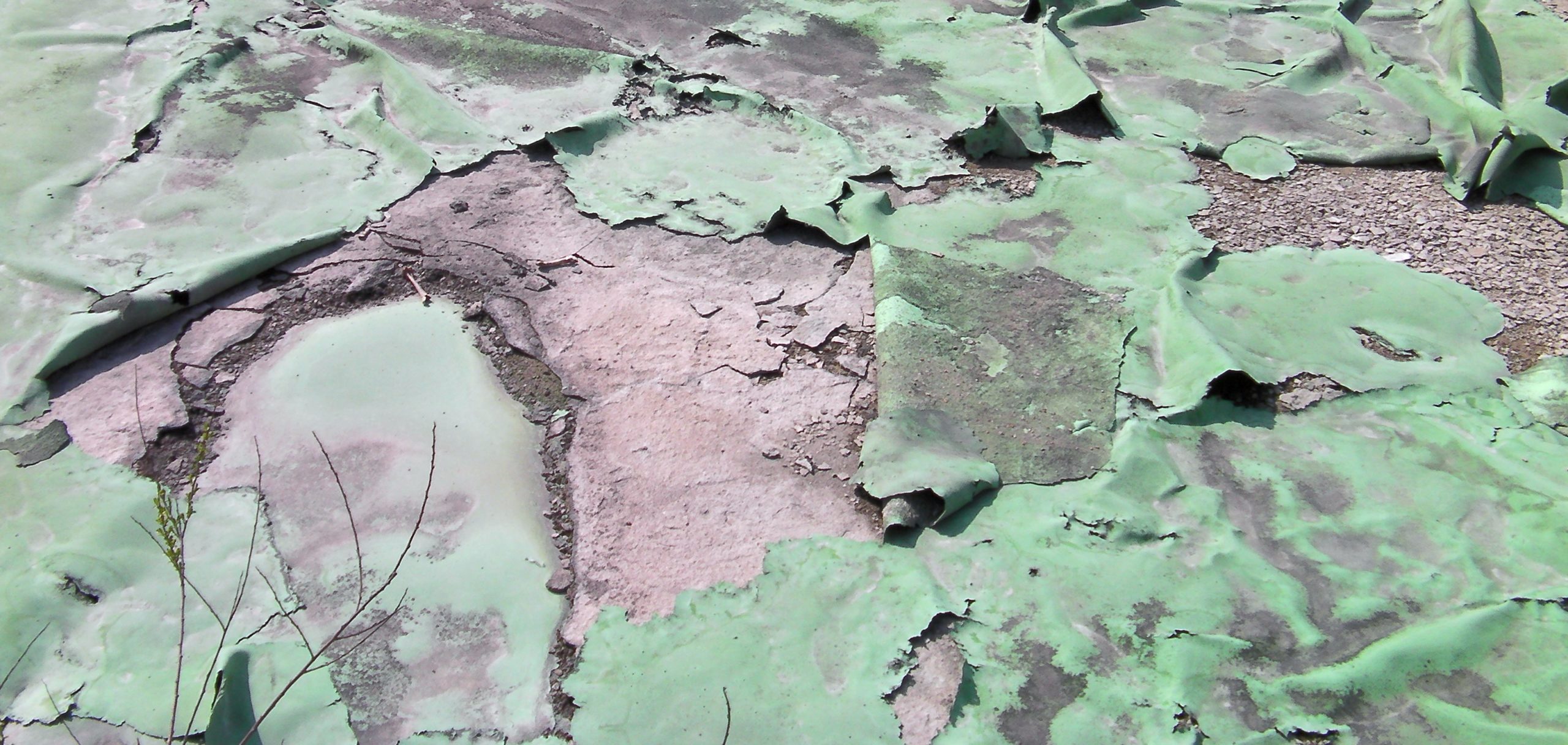 A green waterproofing membrane is in pieces after its application has failed. 