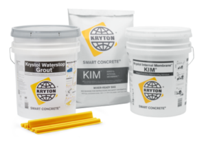 Kryton's KIM and Krystol Waterstop solutions are sitting next to each other against a white background.