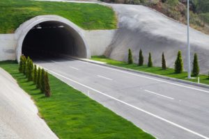 A concrete tunnel with grass on top of its entranceway sits in-between two rows of trees on vividly green grass.
