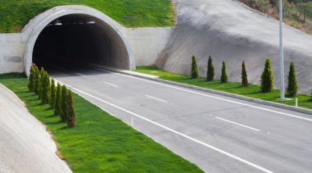 A concrete tunnel with grass on top of its entranceway sits in-between two rows of trees on vividly green grass.