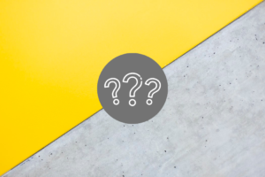 Three white question marks within a gray circle rest over a background that diagonally splits a yellow and gray color.