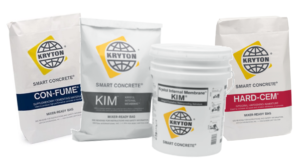 Kryton's Con-Fume, KIM, and Hard-Cem solutions sit next to each other in their packaging against a white background.
