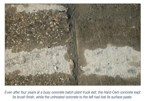 Even after four years at a busy concrete batch plant truck exit, the Hard-Cem kept its brush finish, while the untreated concrete to the left had lost its surface paste.