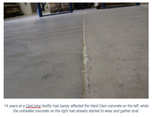 14 years at a CorLiving facility had barely affected the Hard-Cem concrete on the left, while the untreated concrete on the right had already started to wear and gather dust.