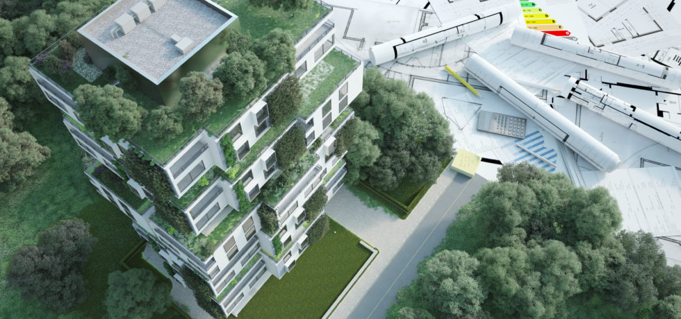A 3D rendering of an apartment building is next to a pile of plans for concrete sustainability practices and other green construction strategies.