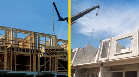 A yellow line in the middle divides two construction images, with the image on the left being a crane moving mass timber towards a wood structure and the image on the right being a crane moving a precast concrete slab toward a concrete structure.