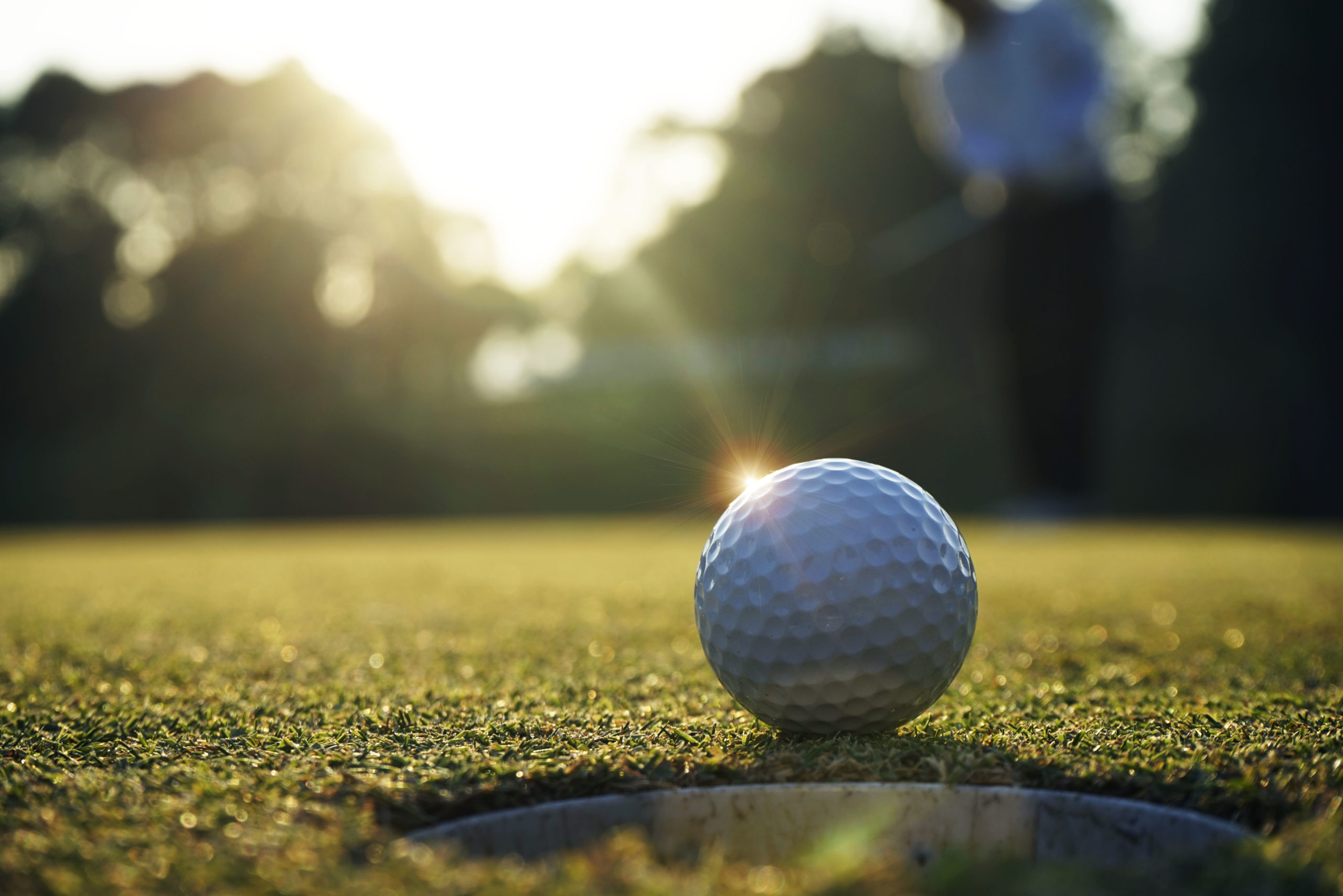A ray of sunshine is landing to the left of a golf ball that is sitting at the edge of a golf hole with blurry trees in the background.