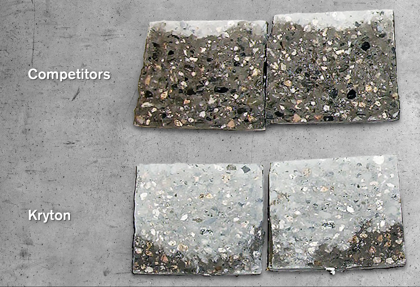 Two small concrete slabs from both a competing crystalline waterproofing admixture and from KIM are showing off their permeability reduction results, with KIM being the clear winner.
